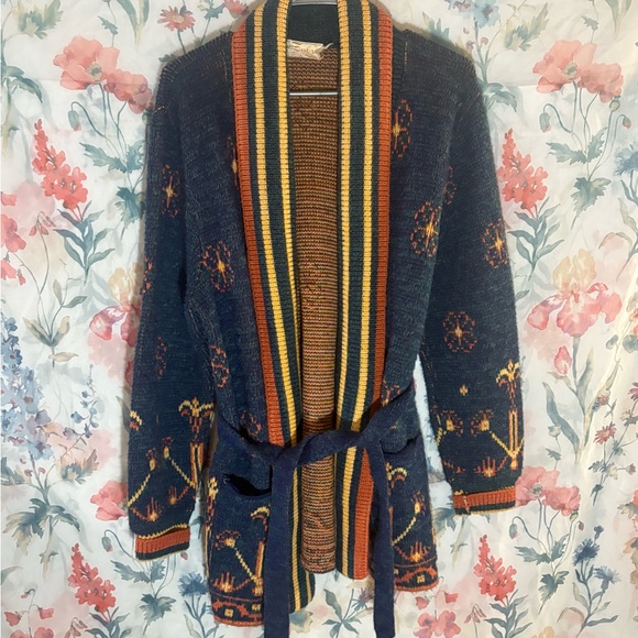 Sabra Sweaters - Sabora Navy and Orange Patterned Cardigan
